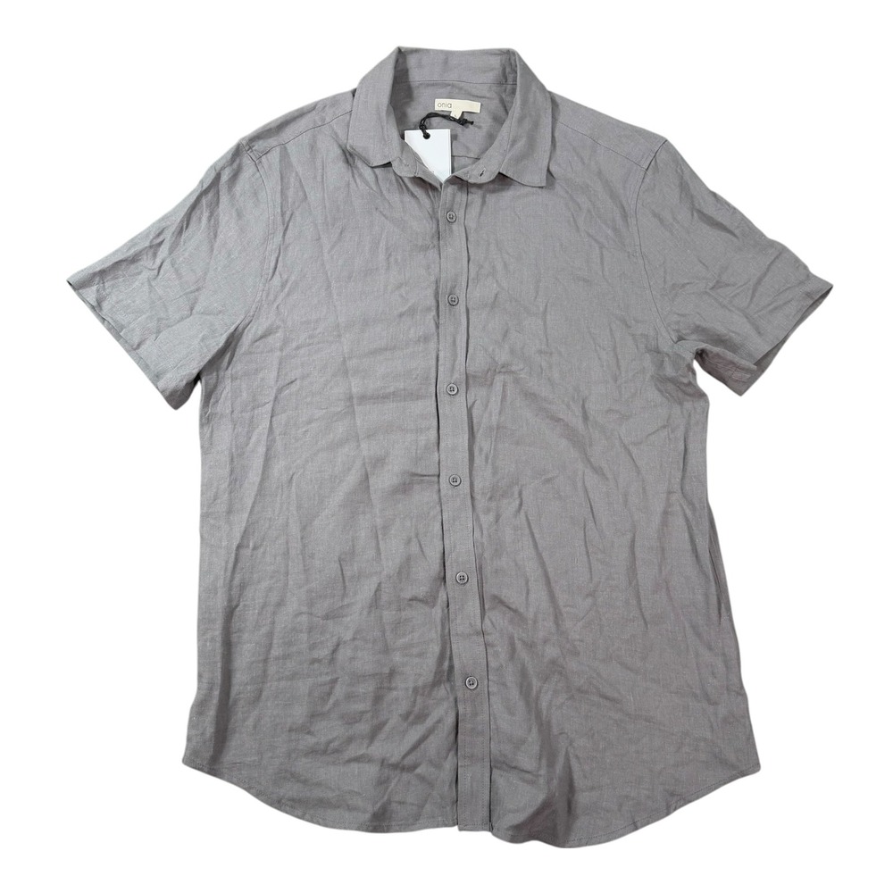 Onia Mens Standard Short Sleeve Linen Shirt Charcoal Gray Solid Button Up Size L